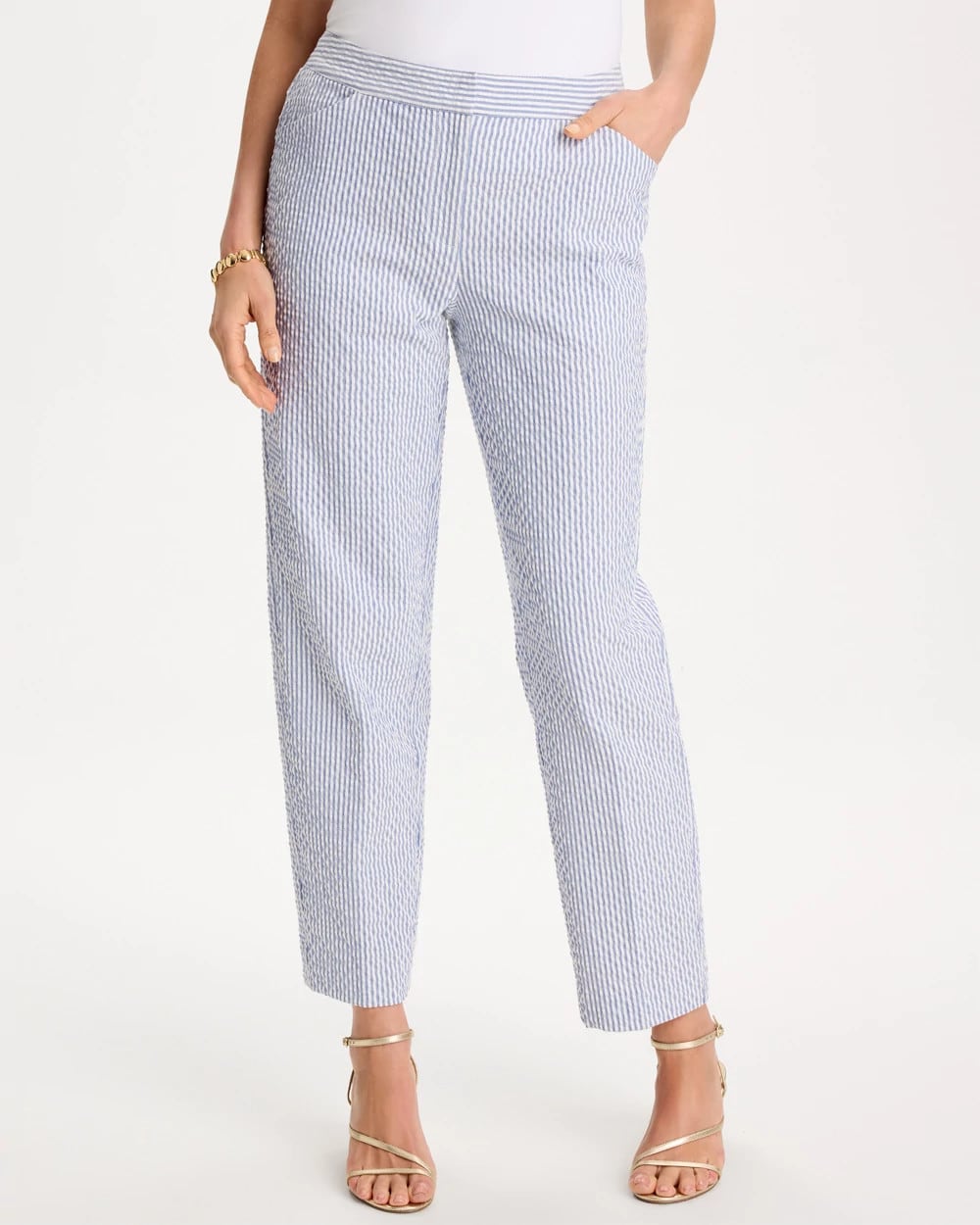 Blue Striped Seersucker Straight Ankle Pants
