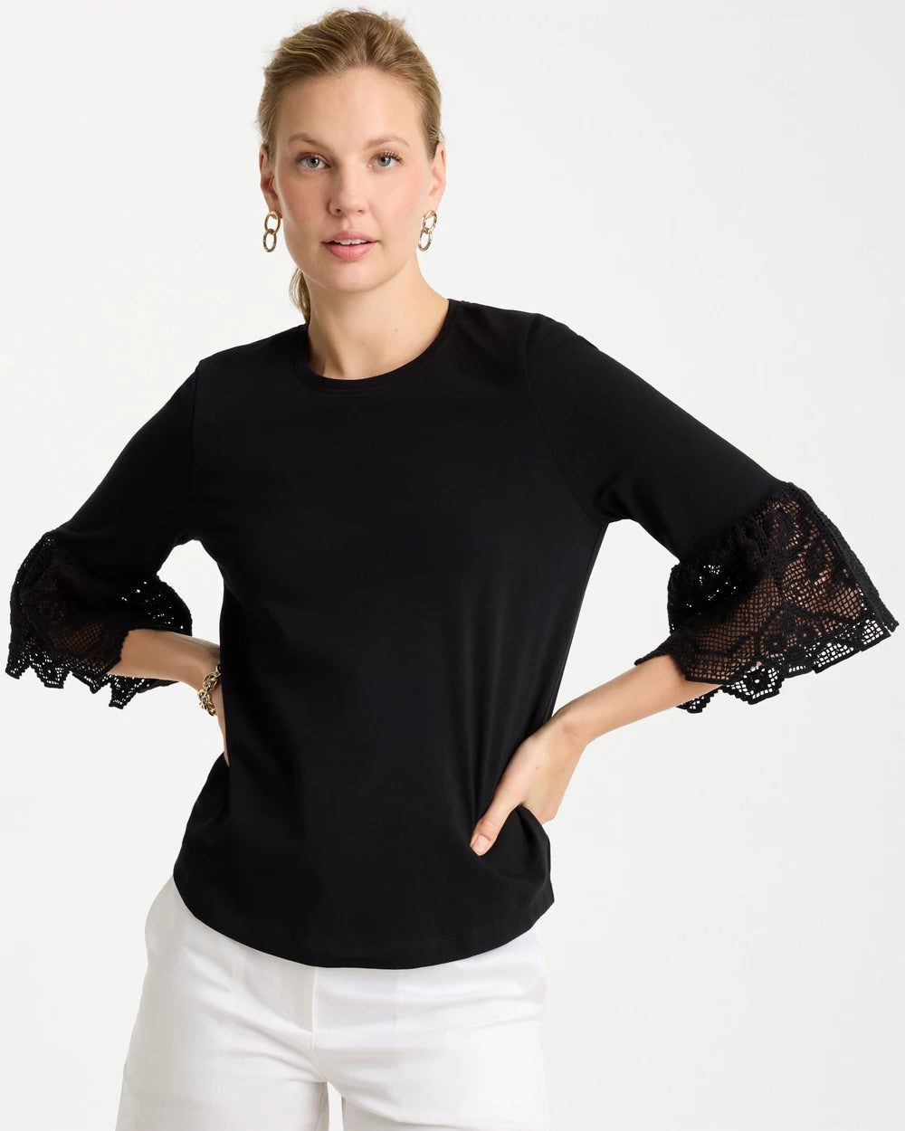 Black Cotton Lace Flutter Sleeve Tee