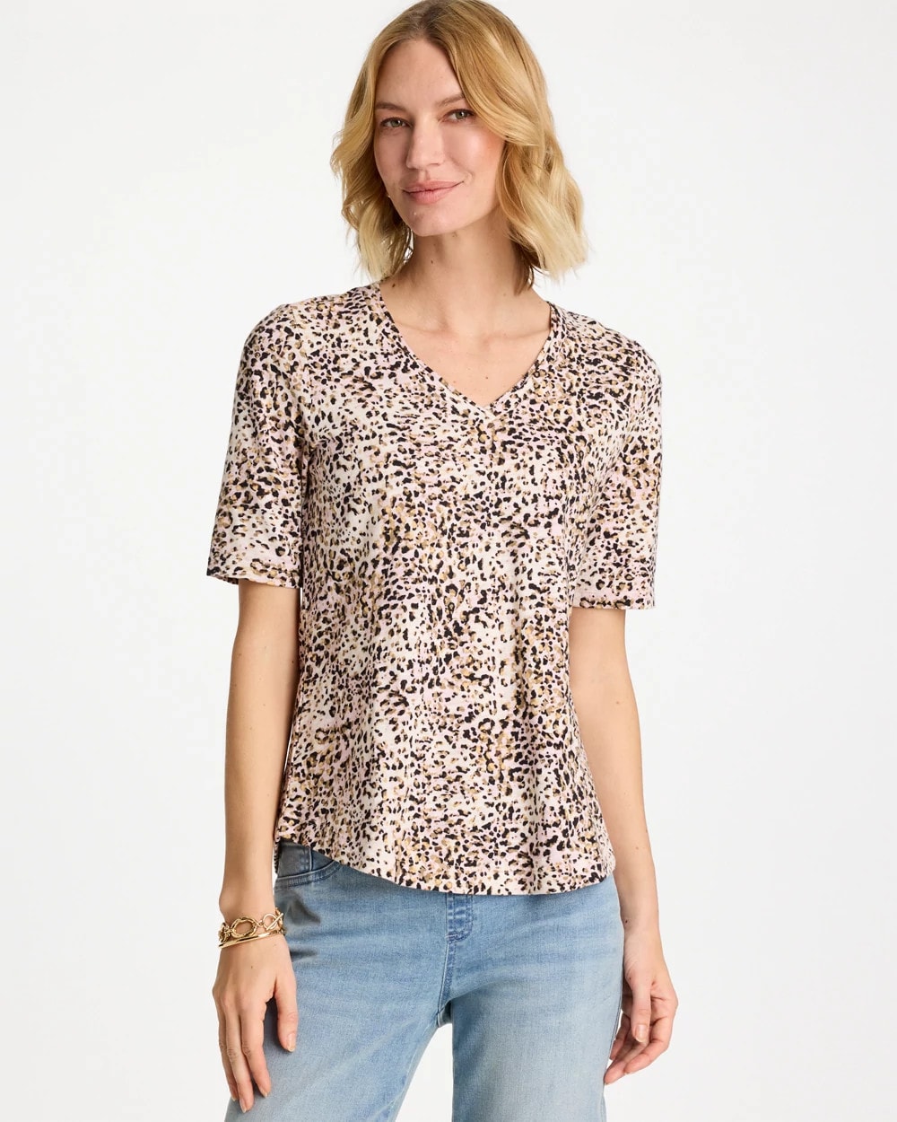 Cattail Brown Printed Cotton Slub V-Neck Tee