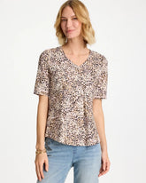 Cattail Brown Printed Cotton Slub V-Neck Tee