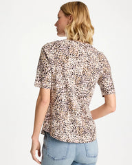 Cattail Brown Printed Cotton Slub V-Neck Tee
