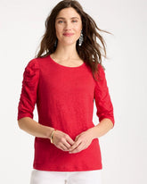 Cherry Lush Linen Ruched Sleeve Tee