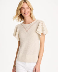 Cream Pointelle Metallic Flutter-Sleeve Pullover