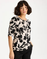 Black Flora Linen Ruched Sleeve Tee