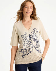Topaz Smoke Knit Sequin Elbow Tee