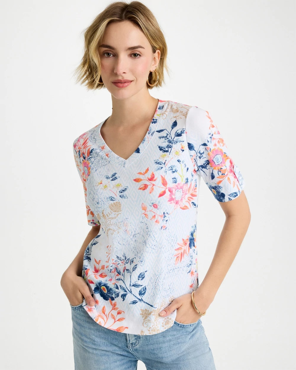 Calypso Coral Pima Floral Elbow Sleeve Tee