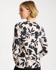 Black Cotton Stretch 3/4 Sleeve Floral Tee