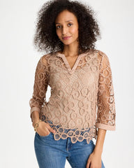 Mocha Mousse Mixed-Media Medallion Lace Top