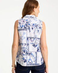 Amparo Blue Cotton-Blend Classic Printed Sleeveless Shirt