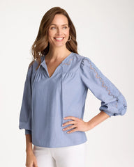 Washed Indigo Chambray Lace Tie-Front Blouse
