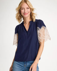 Passport Blue Sea Island Crochet Lace Blouse