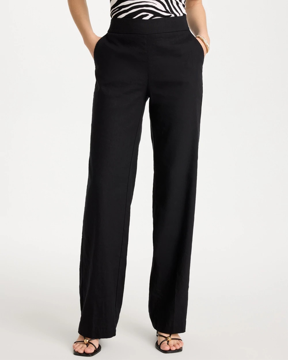 Black Pull-On Wide-Leg Linen Pants