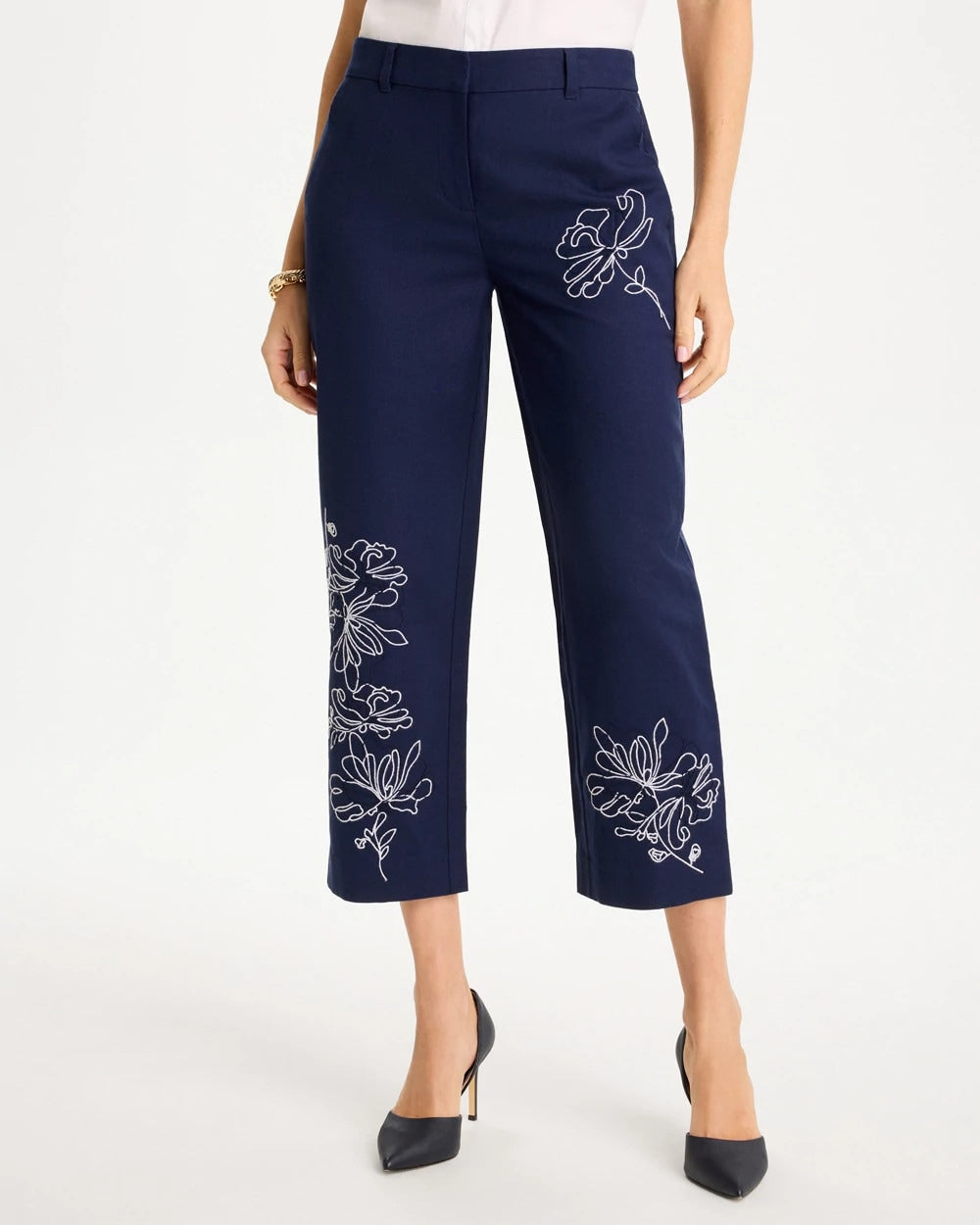 Passport Blue Embroidered Linen Fly Front Pants