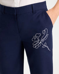 Passport Blue Embroidered Linen Fly Front Pants
