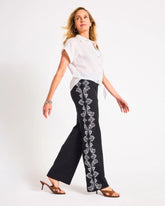 Black Embroidered Pull-On Wide-Leg Linen Pants