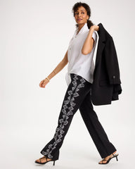 Black Embroidered Pull-On Wide-Leg Linen Pants