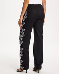 Black Embroidered Pull-On Wide-Leg Linen Pants