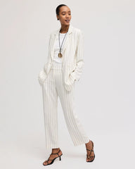 Ecru Striped Linen Wide-Leg Ankle Pants