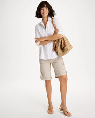 Smokey Taupe Poplin Cotton Roll-Tab Shorts