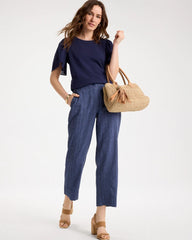 Navy Pinstripe Soft-Stretch Linen Crop Pant