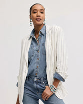 Ecru Linen-Blend Striped Boyfriend Blazer