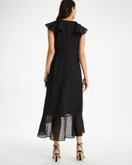 Black Floral Surplice Ruffled Dress