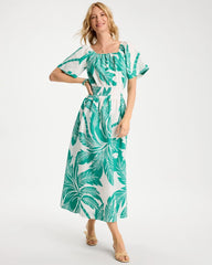 Topanga Green Poplin Cotton Off-Shoulder Printed Dress