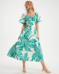 Topanga Green Poplin Cotton Off-Shoulder Printed Dress