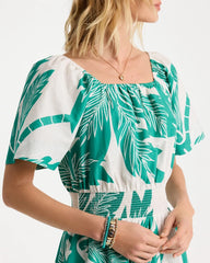 Topanga Green Poplin Cotton Off-Shoulder Printed Dress