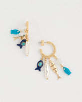 Blue Multi Fish Charm Crinkle Hoop Earrings
