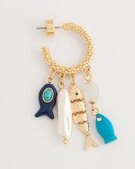 Blue Multi Fish Charm Crinkle Hoop Earrings