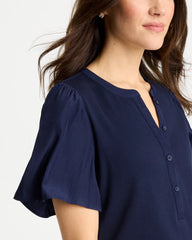 Passport Blue Rib Knit Woven Flutter Sleeve Tee