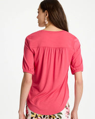 Hot Honeysuckle Shirred Elbow Sleeve Tee