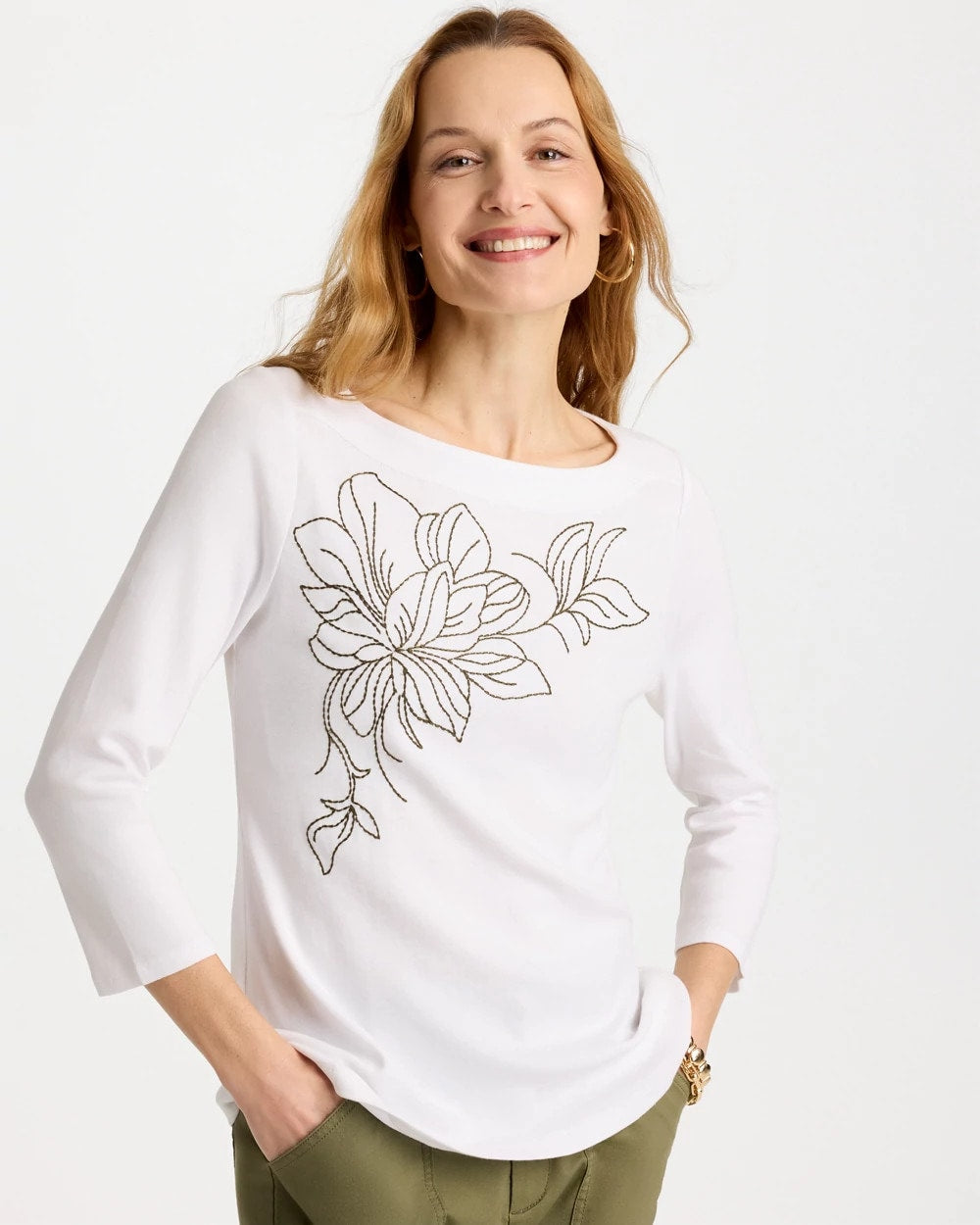 Alabaster Embroidered Pima 3/4 Sleeve Tee