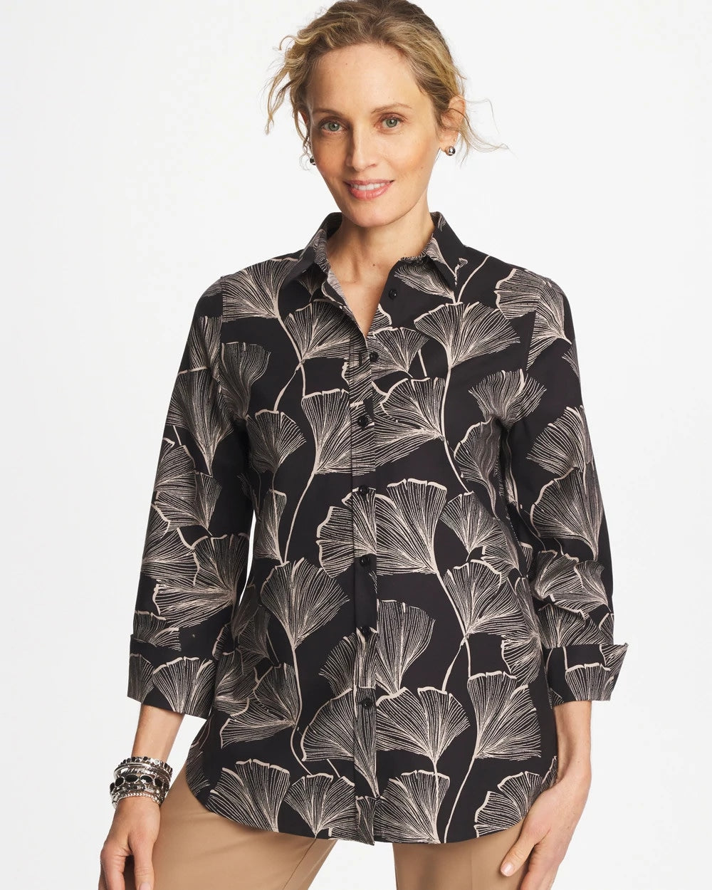 Black No Iron™ Stretch Ginkgo Glory Shirt