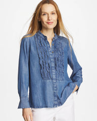 Bailey Indigo Tencel Ruffle Front Shirt