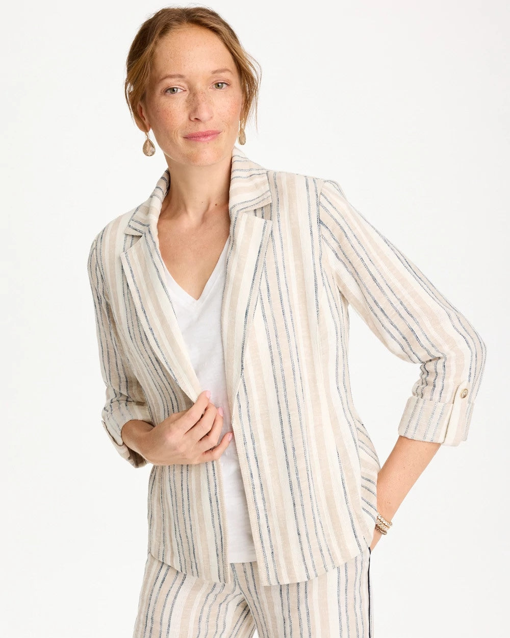 Neutral Striped Linen Roll Sleeve Blazer