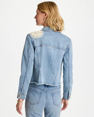 Coral Reef Indigo Embroidered Frayed Denim Trucker Jacket