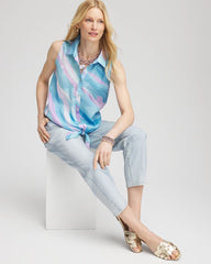 Paradiso Blue No Iron™ Linen Tie-Front Sleeveless Shirt