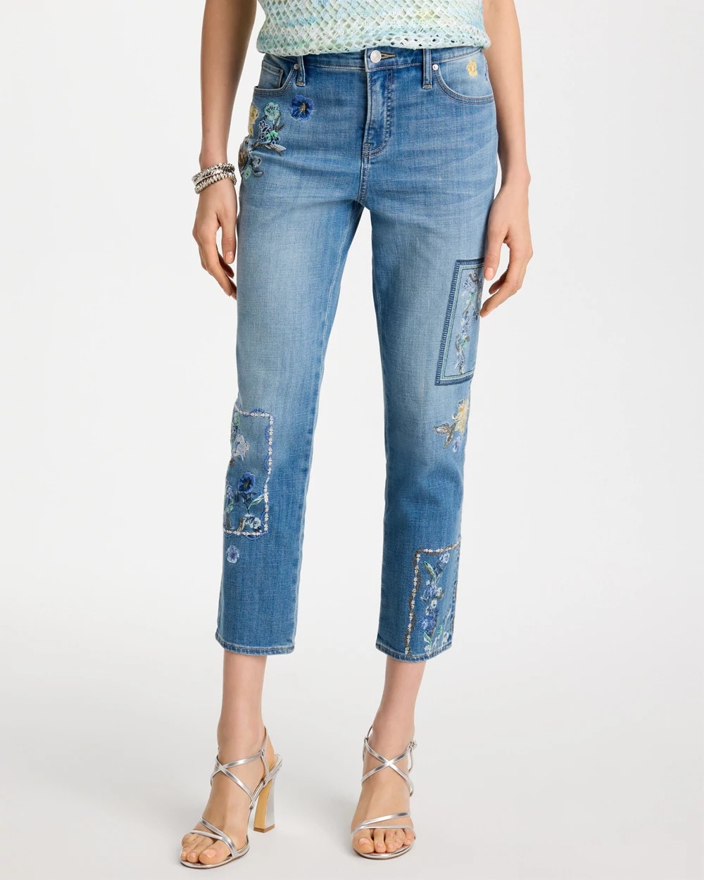 Aquamarine Indigo Floral Patchwork Girlfriend Crop Jeans