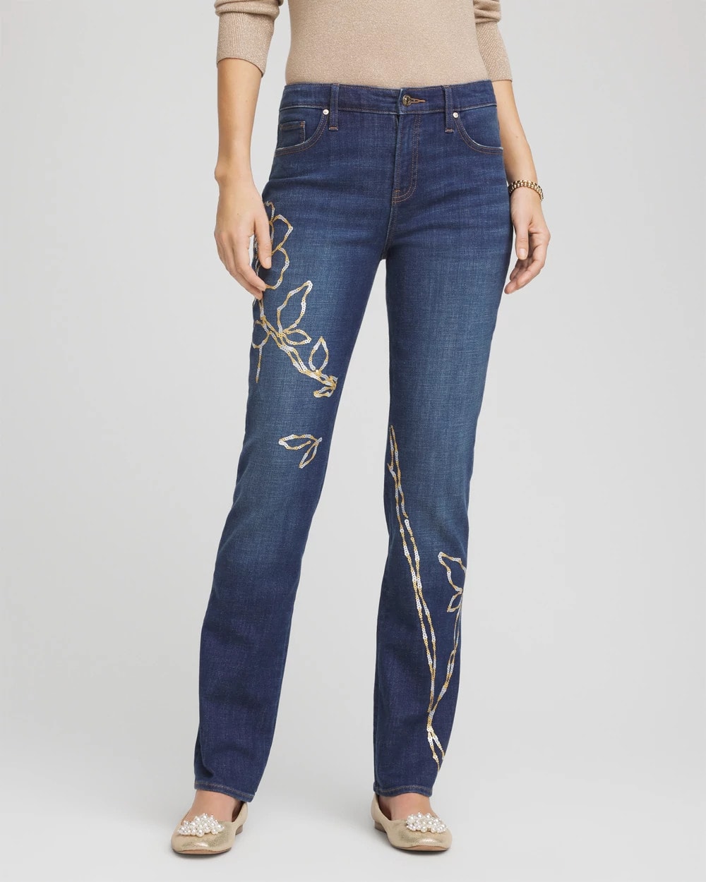 Sequoia Indigo Sequins Rose Girlfriend Slim-Leg Jeans