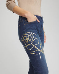 Sequoia Indigo Sequins Rose Girlfriend Slim-Leg Jeans