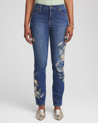 Dragon Road Indigo Appliqué Girlfriend Slim Ankle Jeans