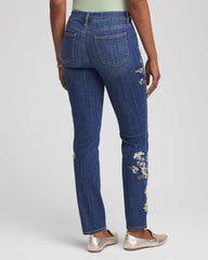 Dragon Road Indigo Appliqué Girlfriend Slim Ankle Jeans