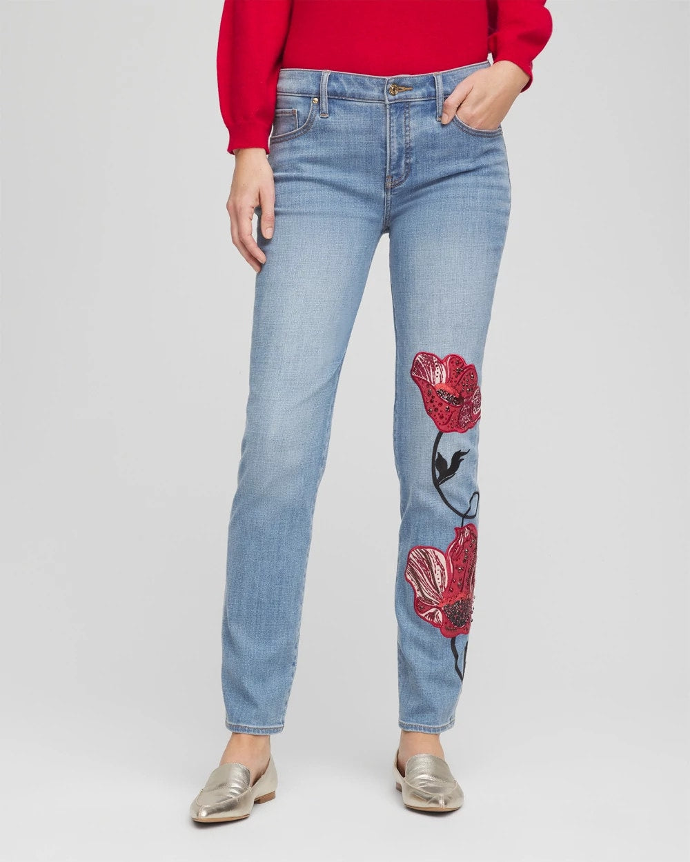 Poppy Indigo Placed Floral Girlfriend Slim Ankle Jeans