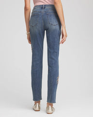 Brilliant Blue Indigo Embellished Starbursts Girlfriend Slim Ankle Jeans