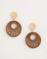 Brown Wood Carved Sun Drop Earrings