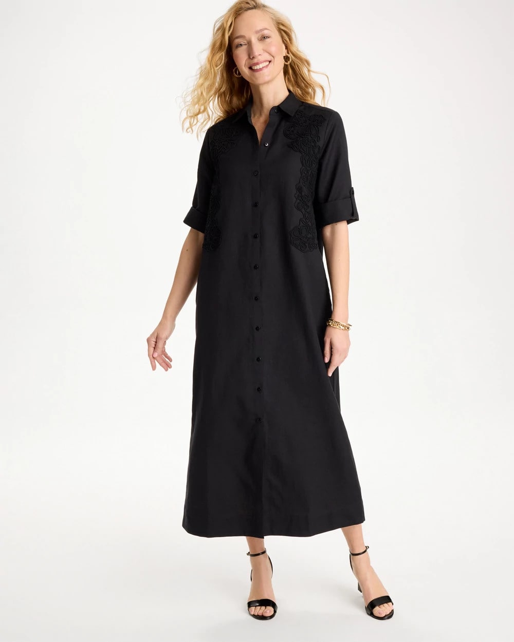 Black Embellished Linen-Cotton Shirtdress