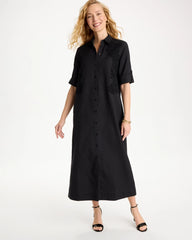 Black Embellished Linen-Cotton Shirtdress