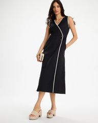 Black Sleeveless Surplice Linen Dress